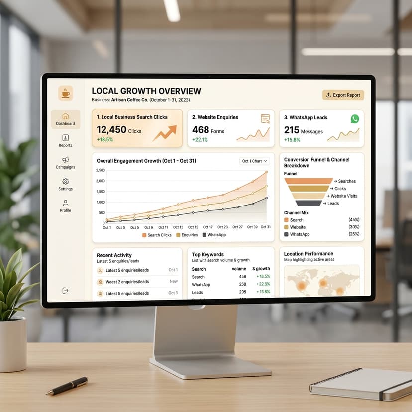 Jharkhand local business growth dashboard showing Google profile clicks and WhatsApp leads