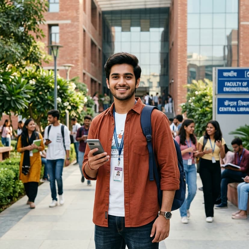 Ambitious Indian student in a modern campus environment